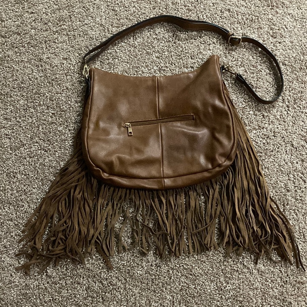 Rich, Supple, Brown Genuine-Leather Fringed Shoulder Bag - Picture 4 of 10
